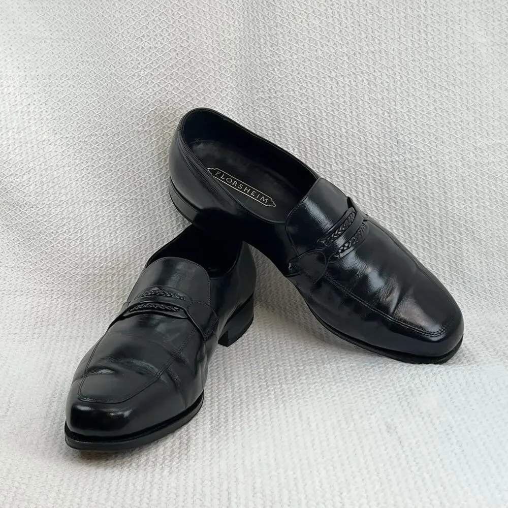 Florsheim Black Leather Penny Loafers Braided Strap Mens US 13 E Dress Shoes
